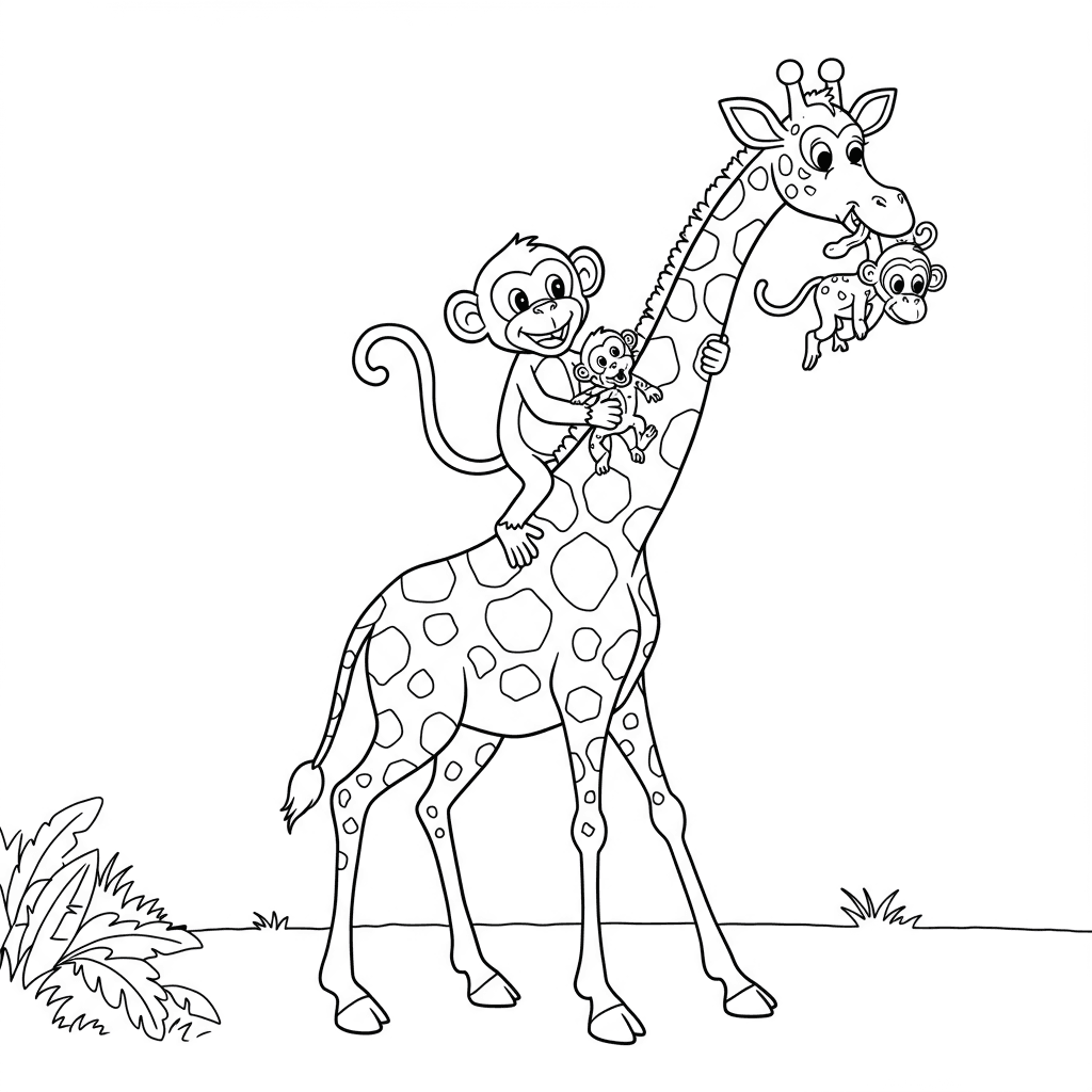 Monkeys sitting on giraffe - Free printable coloring page | Colori.io