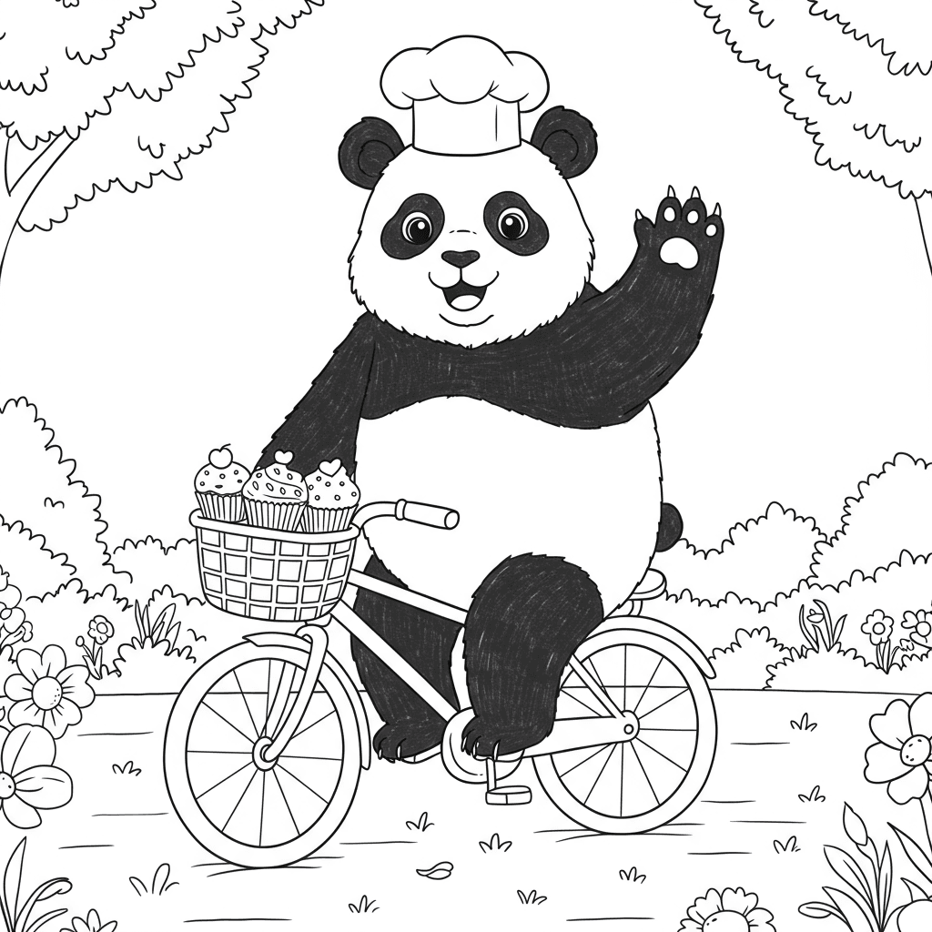 A Giant Panda Riding a Bicycle with a Basket Full of Cupcakes - Free printable coloring page by David | Colori.io