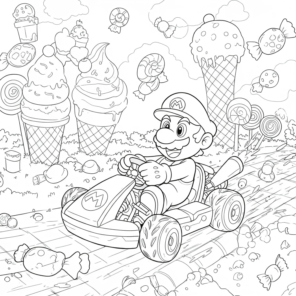 Mario Driving a Go-Kart Through a Giant Ice Cream Cone World - Free printable coloring page by Yasmine | Colori.io