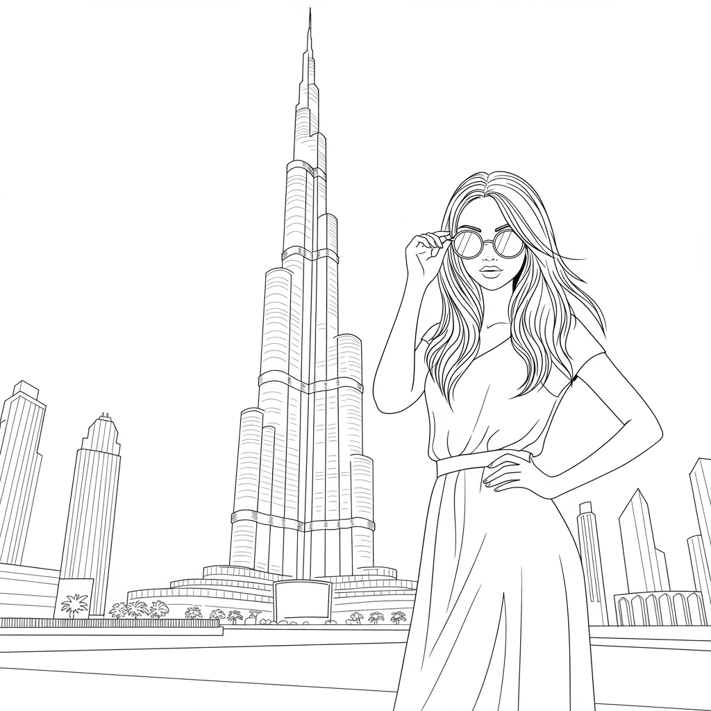 A lady posing in front of Burj Khalifa - Free printable coloring page | Colori.io